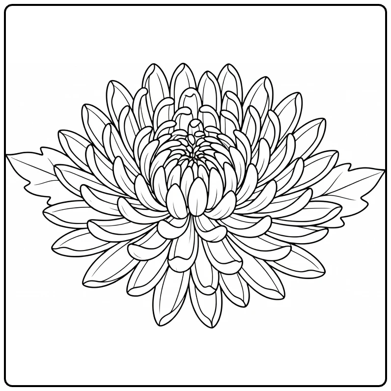 Close-up chrysanthemum coloring page with dense petals and leaves