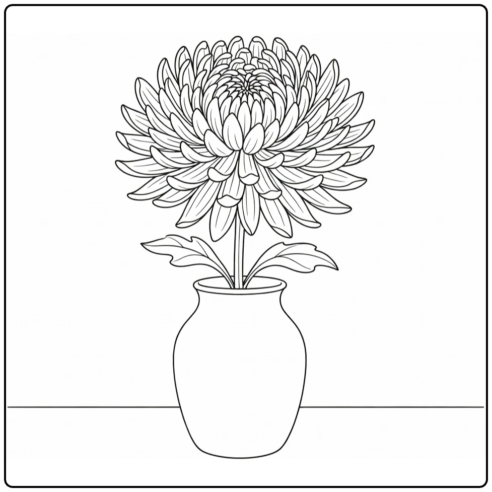 Chrysanthemum coloring page showing a large flower in a ceramic vase