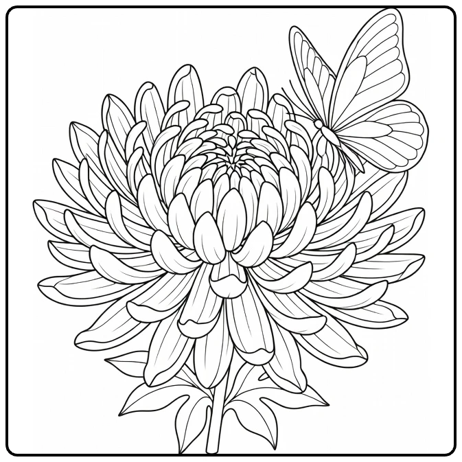 Chrysanthemum coloring page featuring a butterfly on flower petals