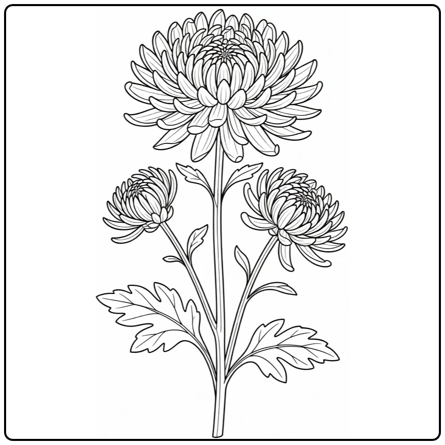 Chrysanthemum coloring page showing a large flower and leaves