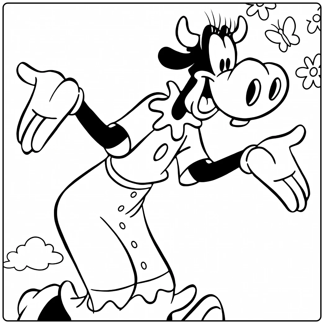Clarabelle Cow coloring page with dancing cow and flowers