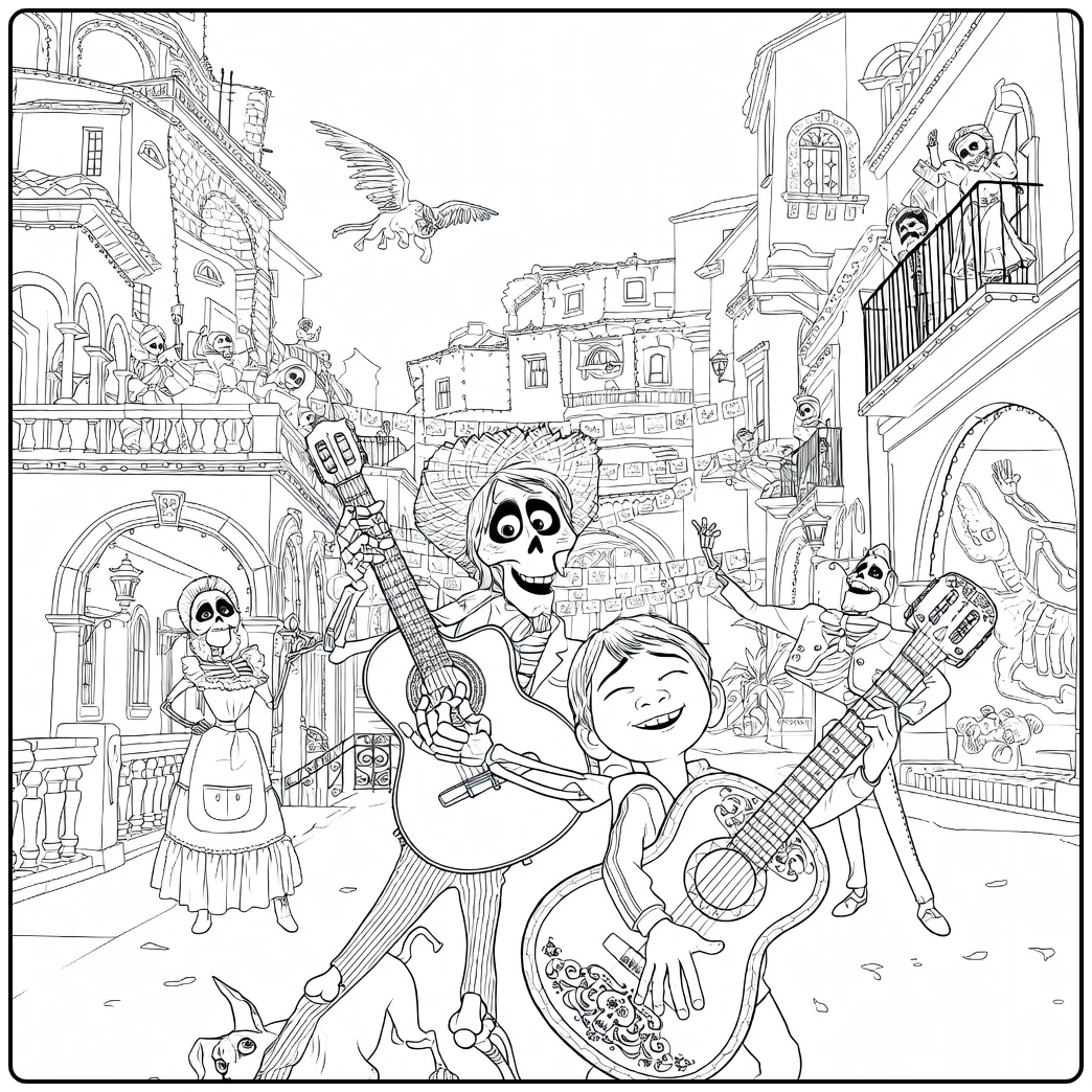 coco Miguel and Hector Playing Guitars coloring page
