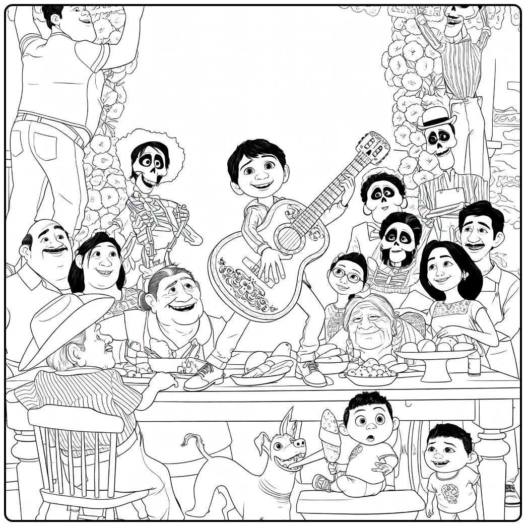 coco Miguel with Guitar and Family coloring page