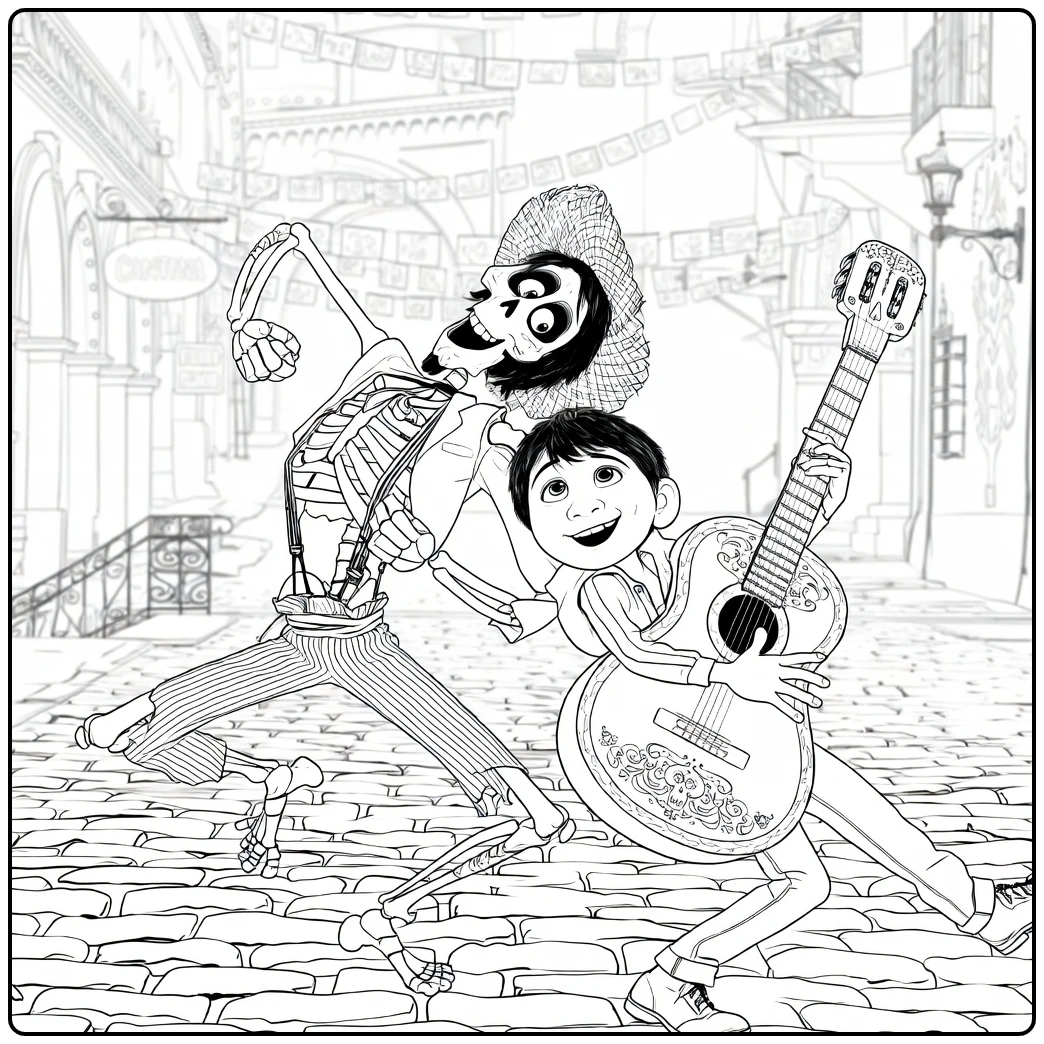 Coco coloring page with Miguel and Héctor in a festive street