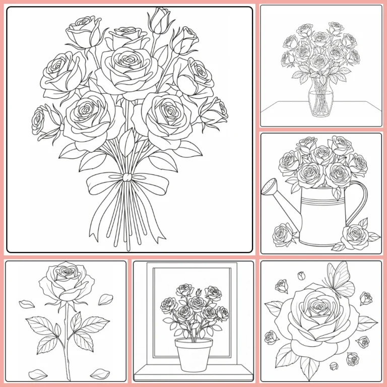 Rose coloring page collection preview with classic floral scenes