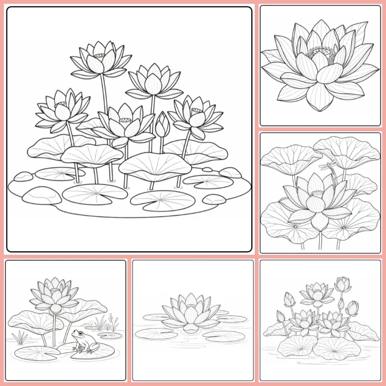 Lotus coloring page collection preview with layered flowers and pond scenes