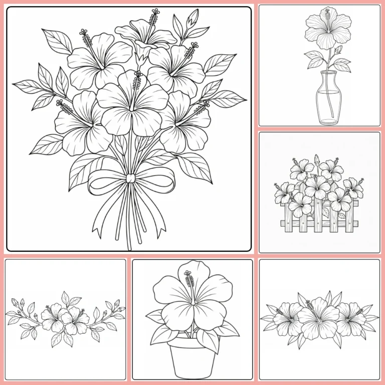 Hibiscus coloring page collection preview with tropical flowers and wreath designs