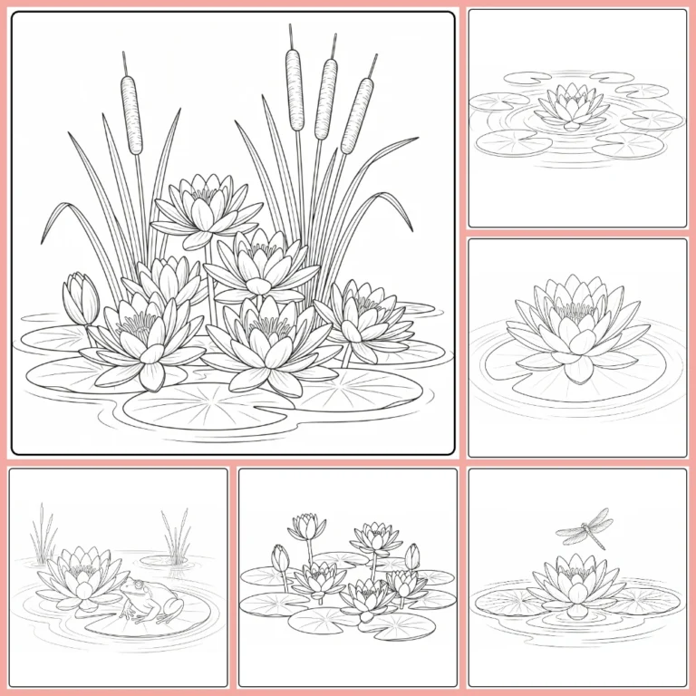 Water lily coloring page collection preview with pond flowers and animals