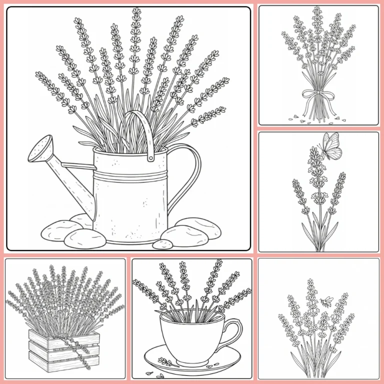 Lavender coloring page collection preview with bouquets and rustic garden designs