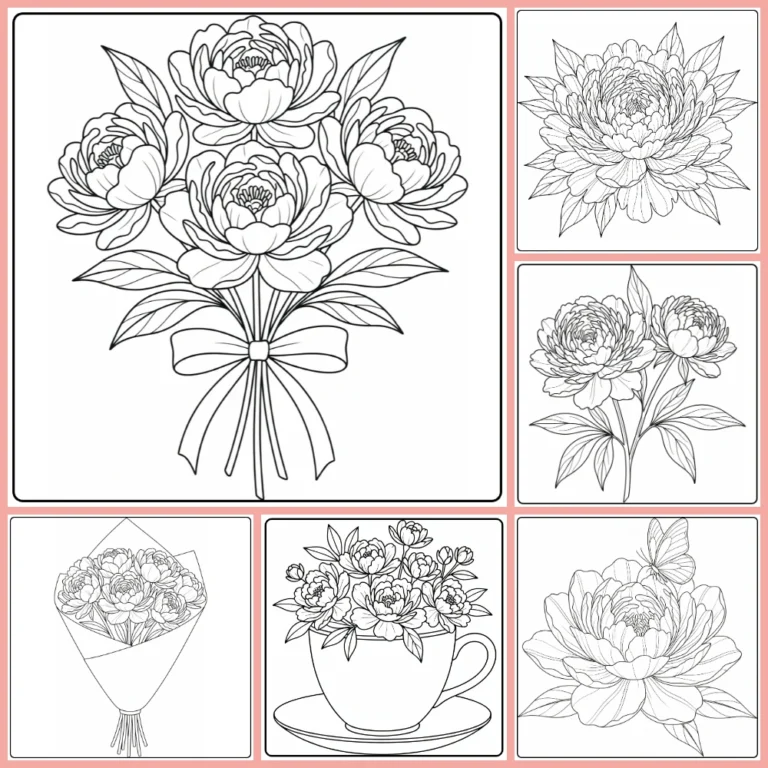 Peony coloring page collection preview with full layered blossoms