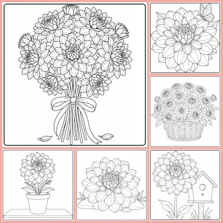 Dahlia coloring page collection preview with layered blossoms and bouquet designs