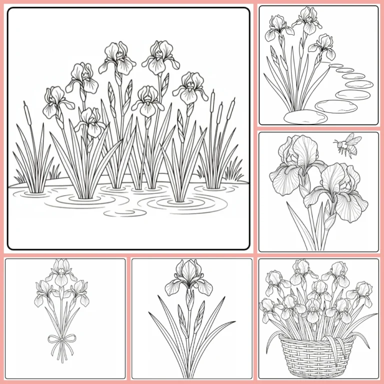 Iris coloring page collection preview with elegant flowers and garden scenes