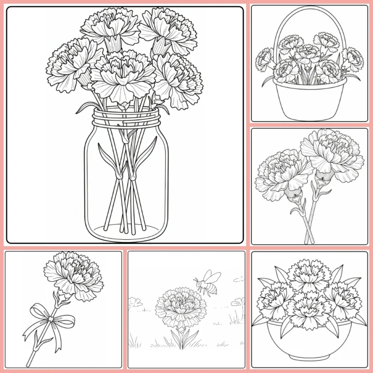Carnation coloring page collection preview with ruffled flowers and bouquets