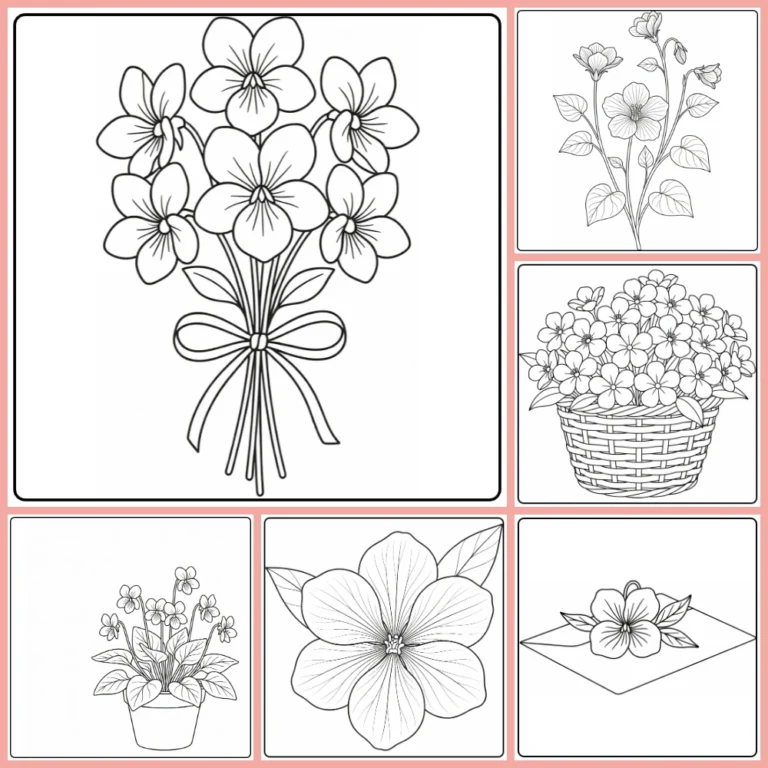 Pansy coloring page collection preview with cheerful five-petal flowers