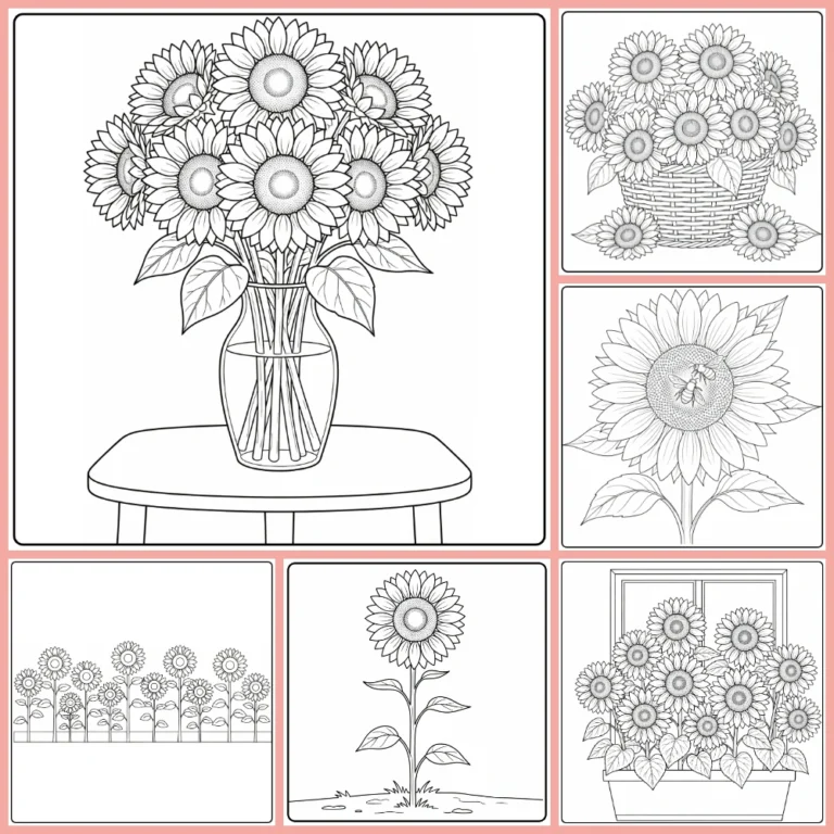 Sunflower coloring page collection preview with bouquets and field scenes