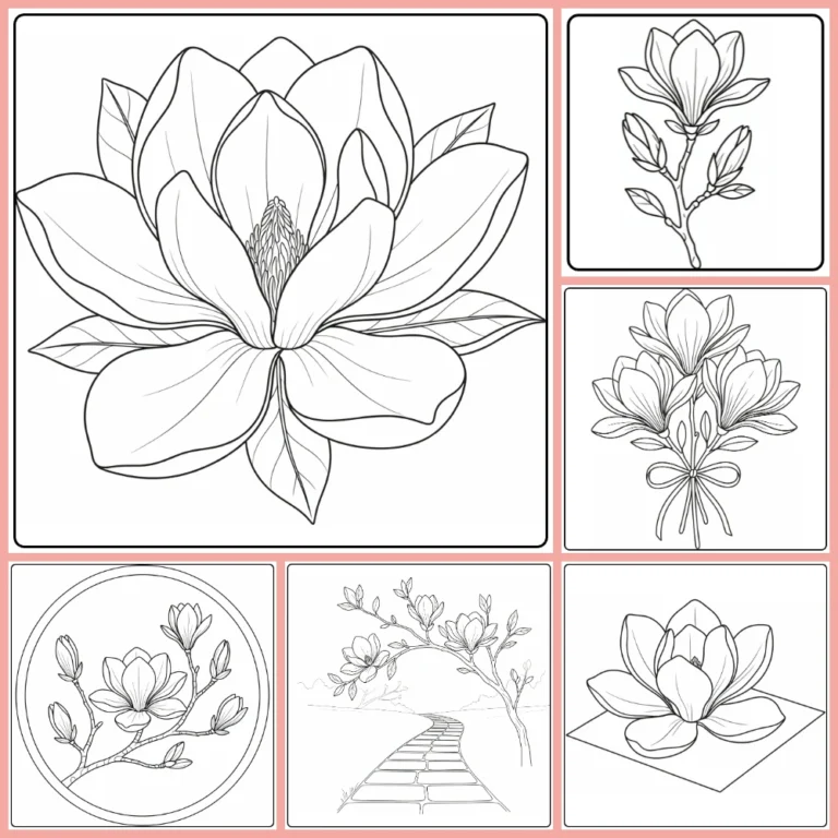 Magnolia coloring page collection preview with large elegant flowers