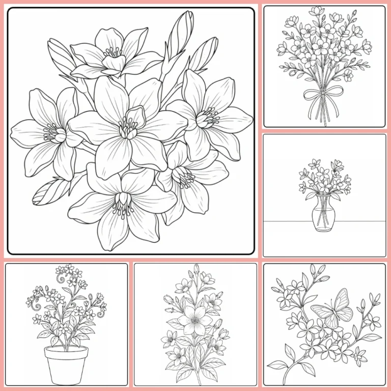 Jasmine coloring page collection preview with blossoms, vines, and bouquets