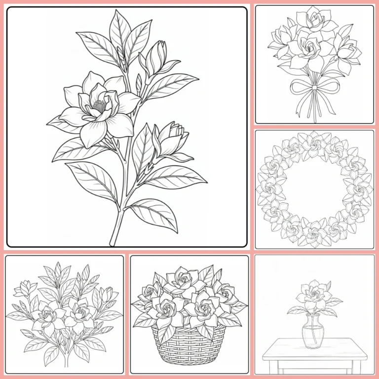 Gardenia coloring page collection preview with layered flowers and leaves