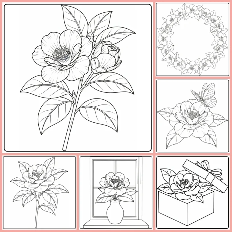 Camellia coloring page collection preview with layered flowers and glossy leaves