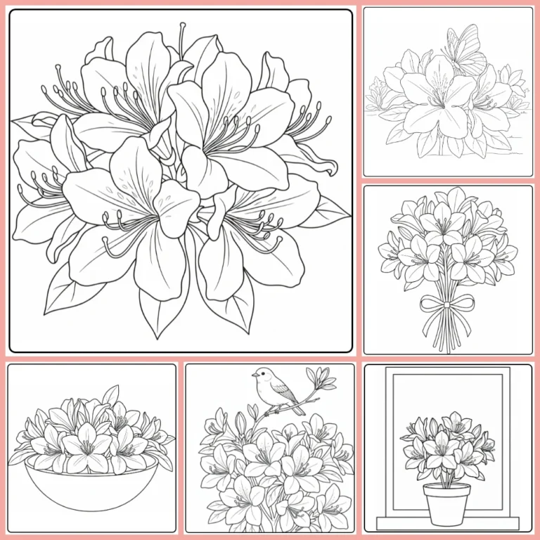 Azalea coloring page collection preview with clustered blossoms