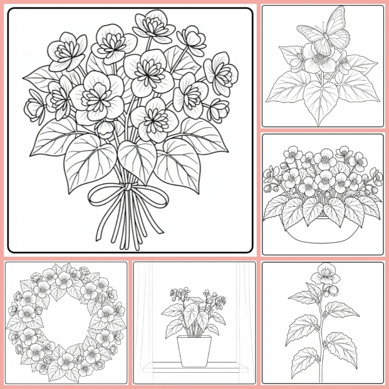 Begonia coloring page collection preview with potted flowers and wreath designs