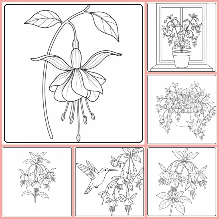 Fuchsia coloring page collection preview with hanging flowers and potted plants