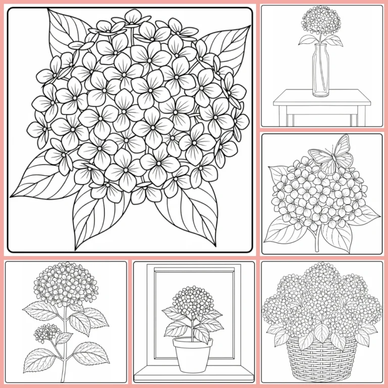 Hydrangea coloring page collection preview with round flower clusters and garden designs
