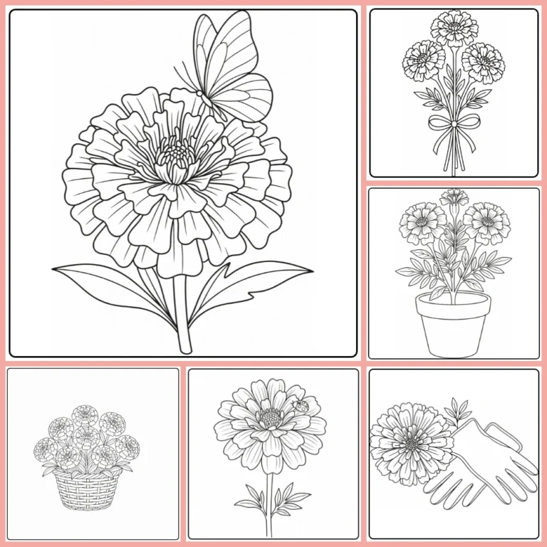 Marigold coloring page collection preview with flowers, wreaths, and garden scenes