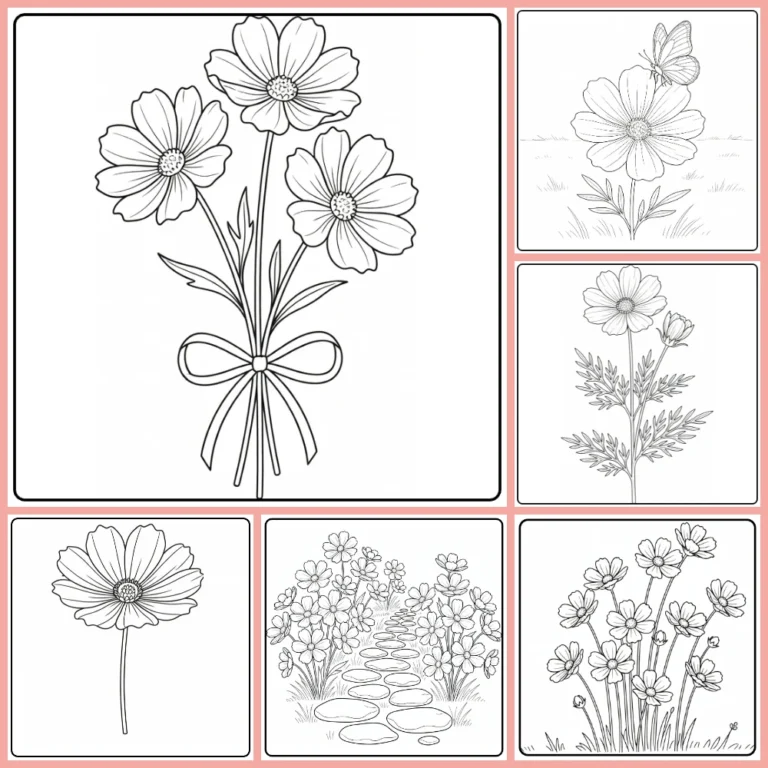 Cosmos flower coloring page collection preview with bouquets and garden flowers