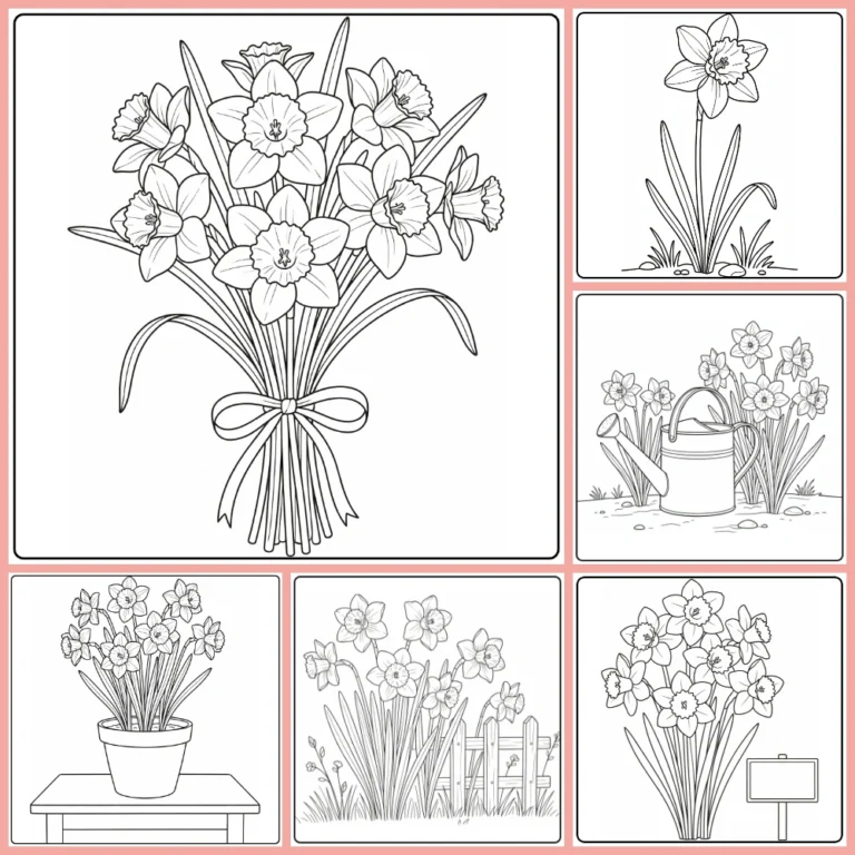 Daffodil coloring page collection preview with spring flower designs