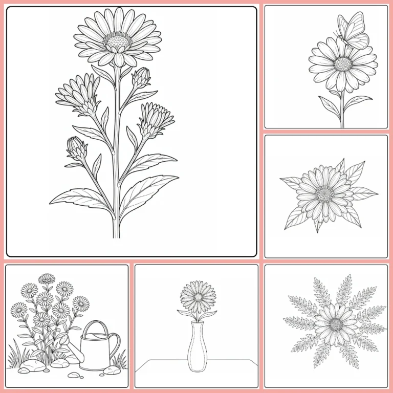 Aster coloring page collection preview with flowers, vase, and garden designs