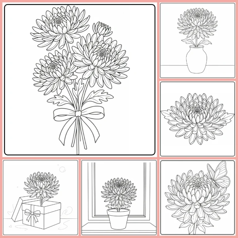Chrysanthemum coloring page collection preview with layered flowers and bouquets