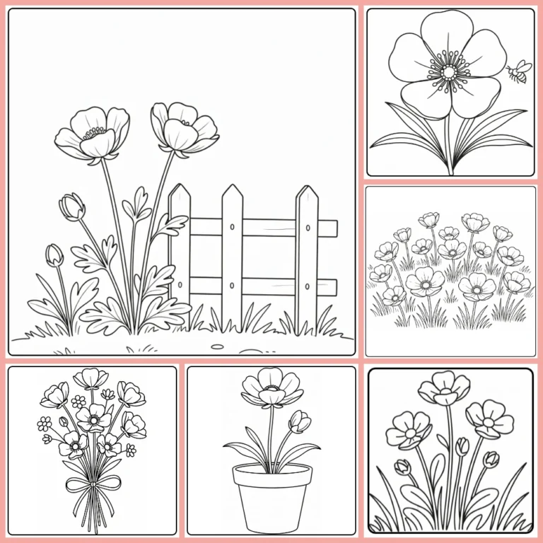 Ranunculus coloring page collection preview with five-petal flowers and garden scenes