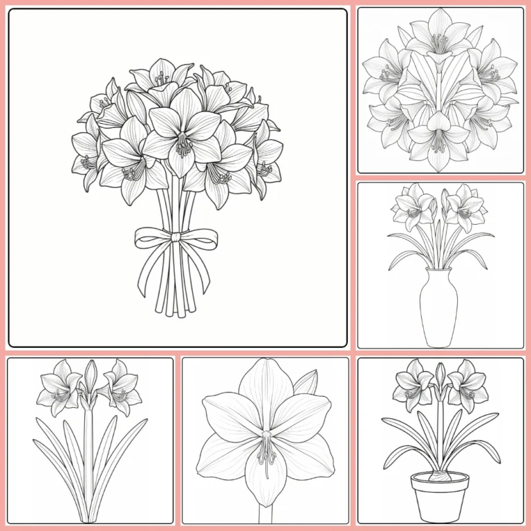 Amaryllis coloring page collection preview with trumpet-shaped flowers