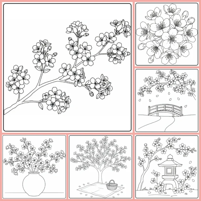 Cherry blossom coloring page collection preview with varied sakura designs