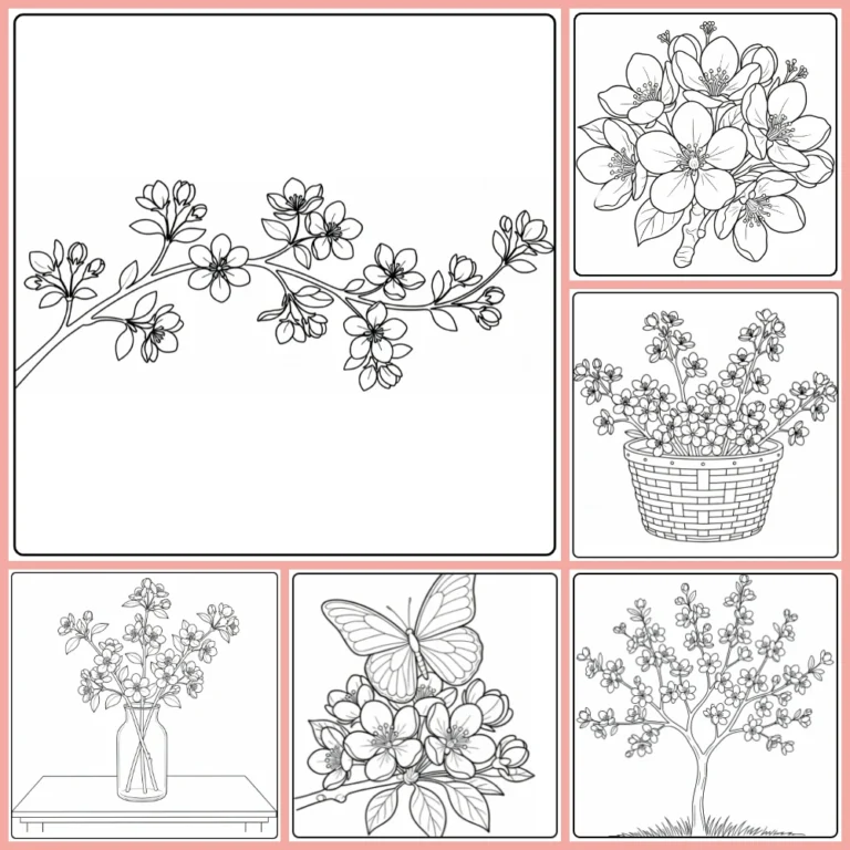 Apple blossom coloring page collection preview with flowering branches and trees