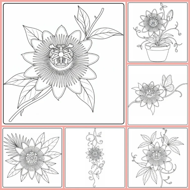 Passion flower coloring page collection preview with tropical blooms and vines