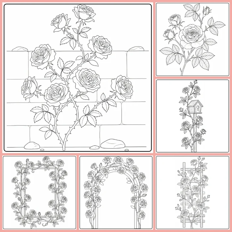 Climbing rose coloring page collection preview with garden vines and arches