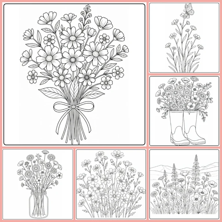 Wildflower coloring page collection preview with varied meadow designs
