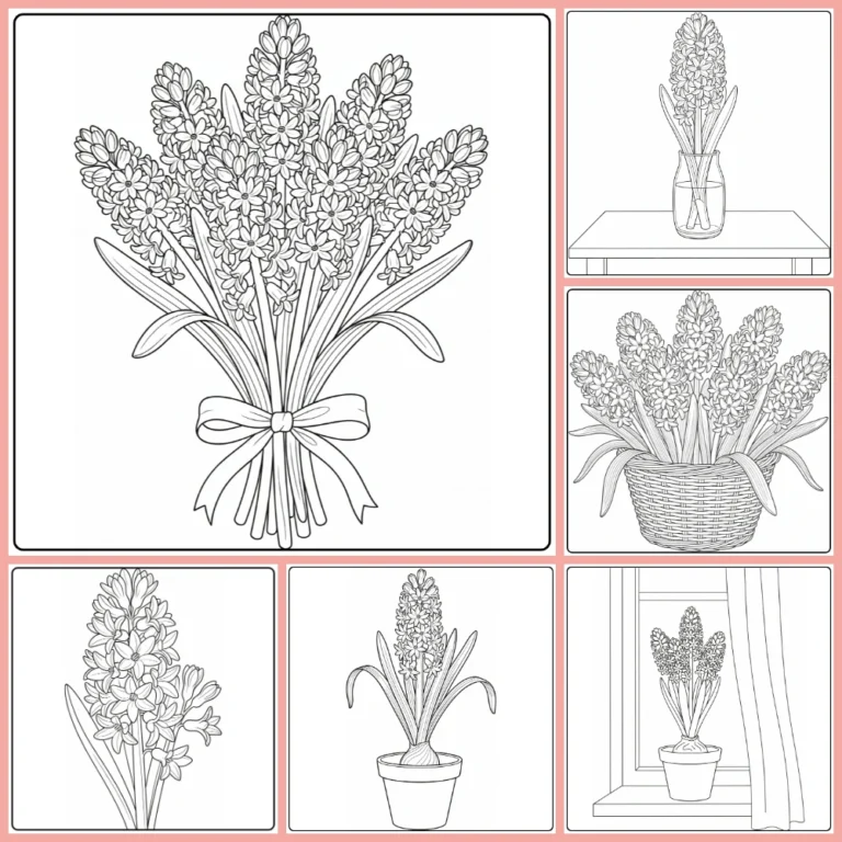 Hyacinth coloring page collection preview with varied spring flower designs