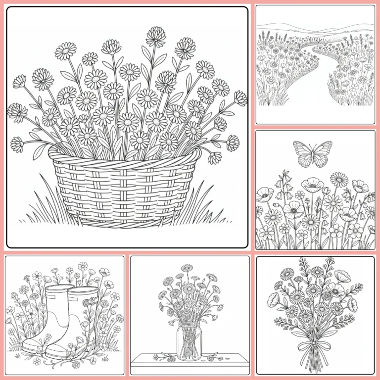 Field flower coloring page collection preview with mixed meadow blooms
