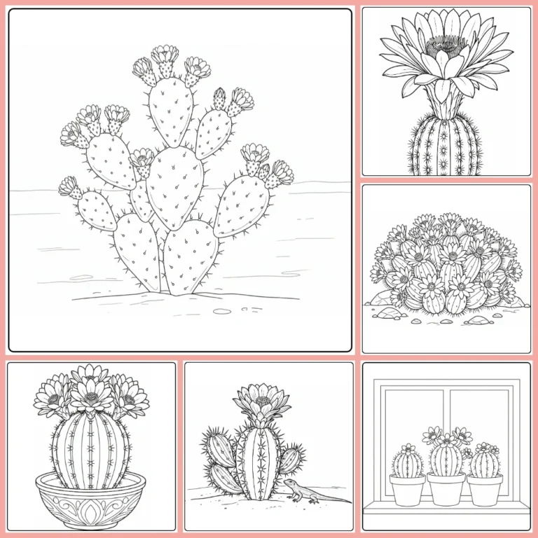 Cactus flower coloring page collection preview with blooming desert plants