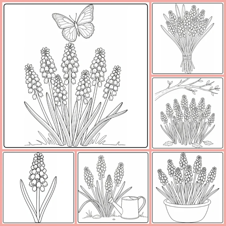 Grape hyacinth coloring page collection preview with clustered spring flowers