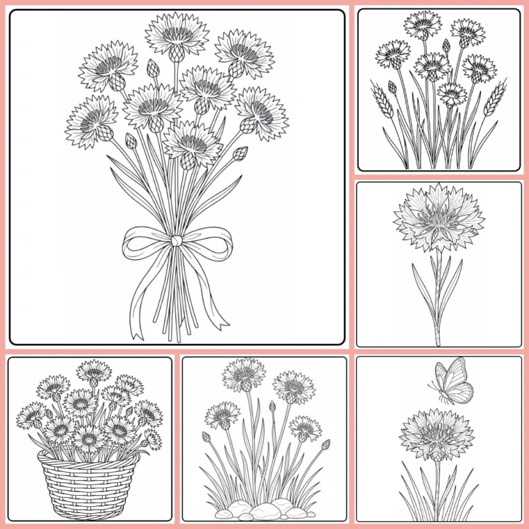 Cornflower coloring page collection preview with bouquets and meadow flowers