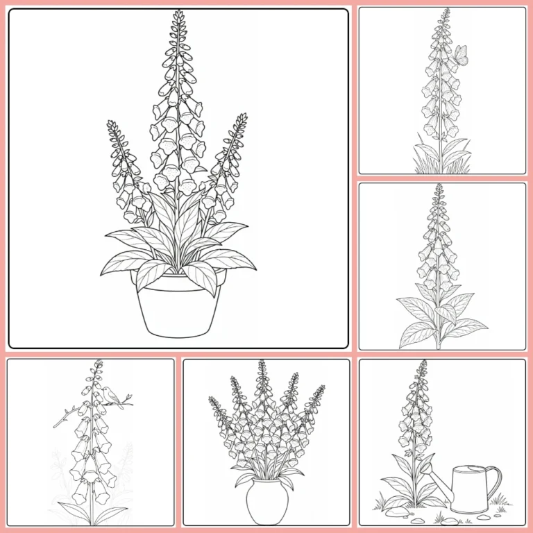 Foxglove coloring page collection preview with tall bell-shaped flowers