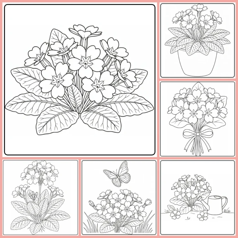 Primrose coloring page collection preview with varied spring flower scenes