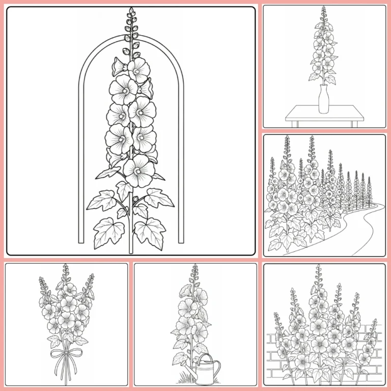 Hollyhock coloring page collection preview with tall flower stalks