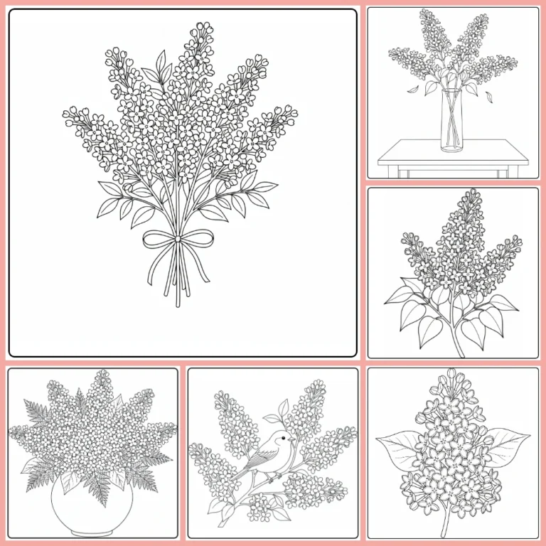 Lilac coloring page collection preview with flowering clusters