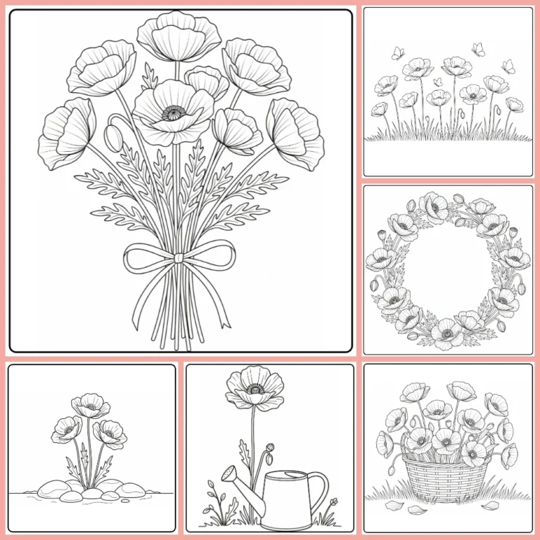 Poppy coloring page collection preview with flowers, a wreath, and meadow scenes