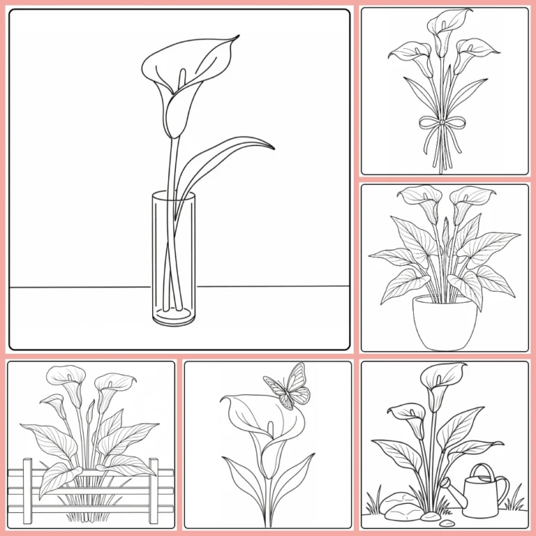 Zantedeschia coloring page collection preview with calla-shaped flowers